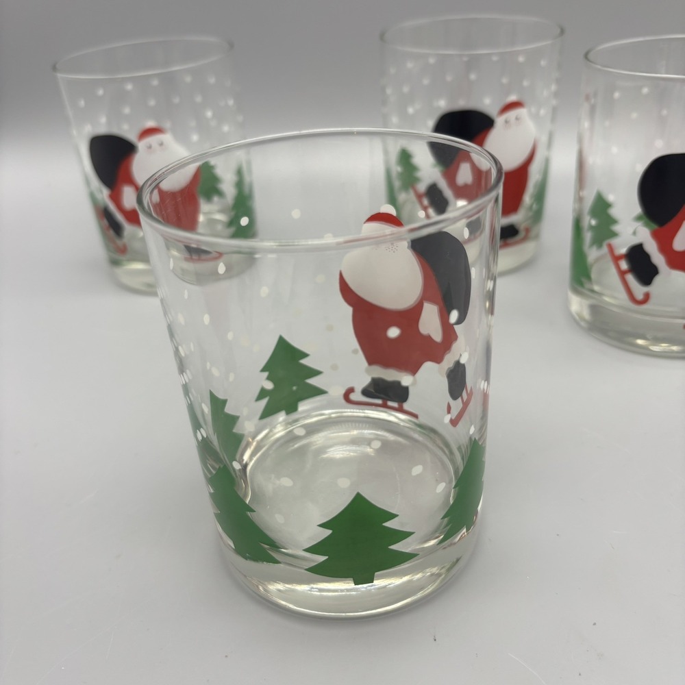 Vintage Set of 4 Crate and Barrel Ice Skating Santa Double Old Fashioned Glasses - Picture 4 of 7
